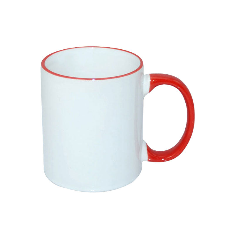 TAZAS BLANCAS CON ASA Y BORDES DE COLORES 11ONZ