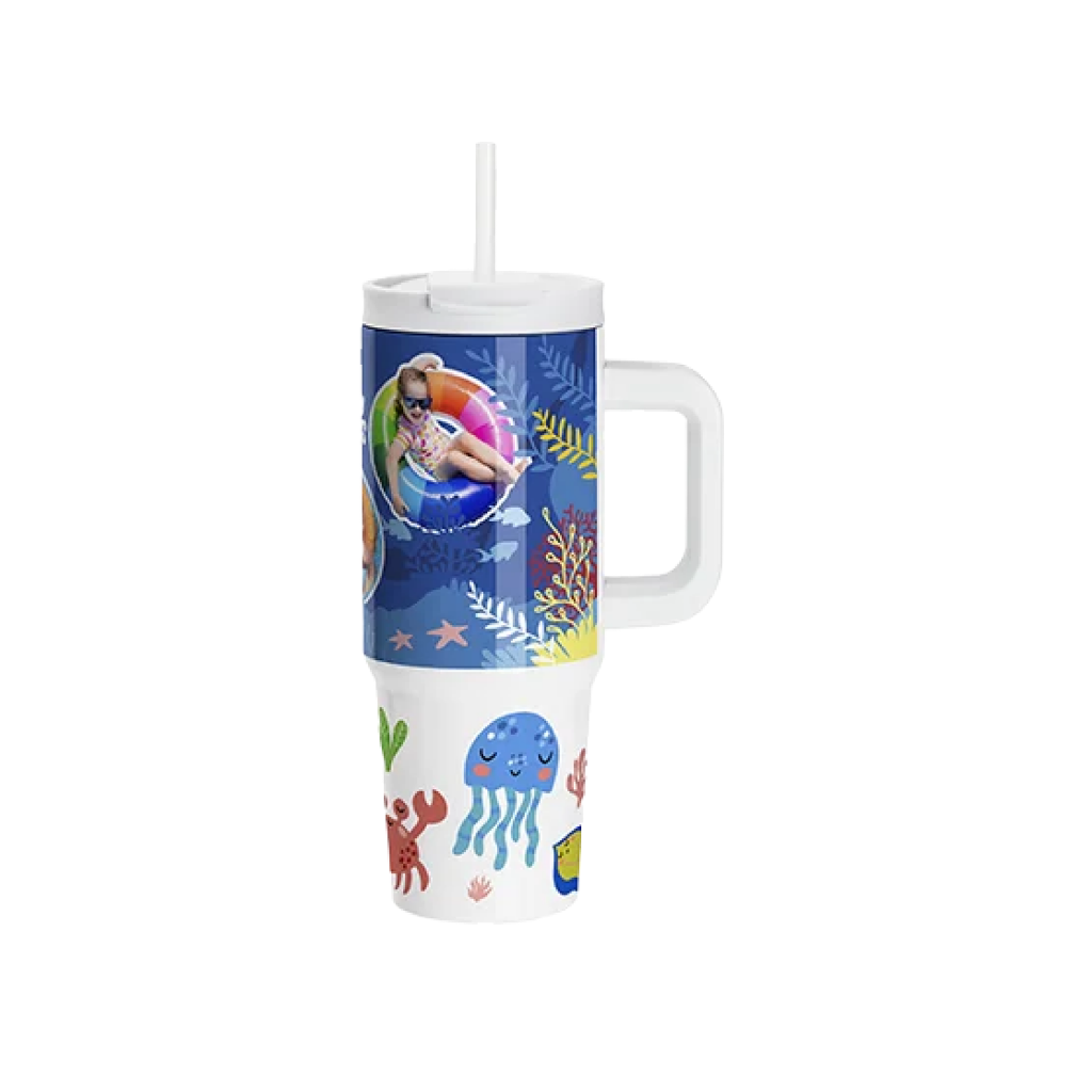 Vasos de Viajeros (Blanco con Asa) 30onz/900mL - Acero Inoxidable con Sorbete y Tapa (C-16)