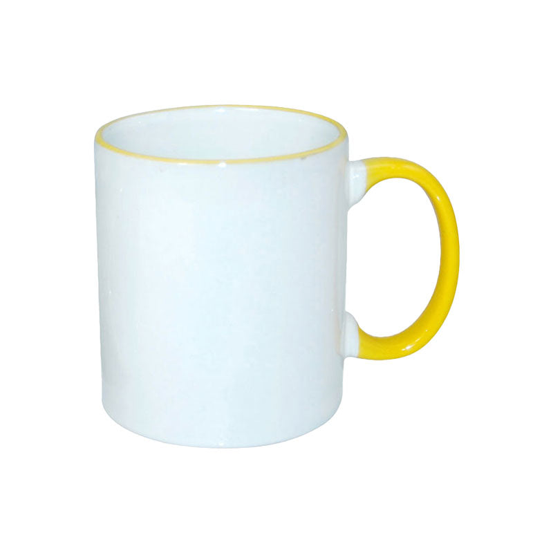 TAZAS BLANCAS CON ASA Y BORDES DE COLORES 11ONZ