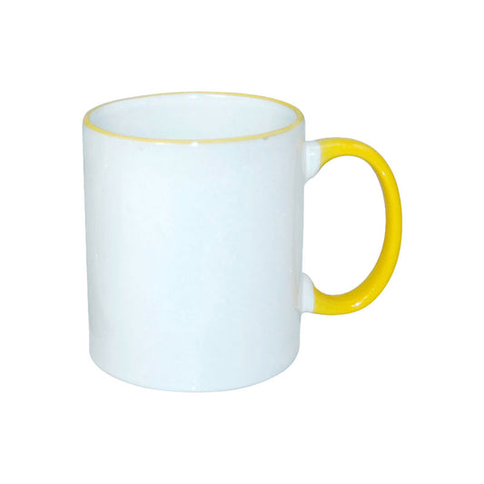 TAZAS BLANCAS CON ASA Y BORDES DE COLORES 11ONZ