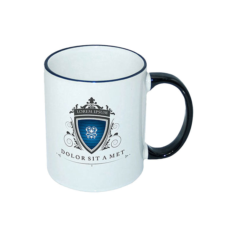 TAZAS BLANCAS CON ASA Y BORDES DE COLORES 11ONZ