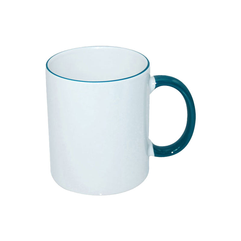 TAZAS BLANCAS CON ASA Y BORDES DE COLORES 11ONZ
