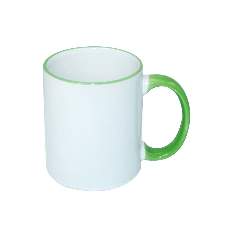 TAZAS BLANCAS CON ASA Y BORDES DE COLORES 11ONZ
