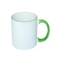 TAZAS BLANCAS CON ASA Y BORDES DE COLORES 11ONZ