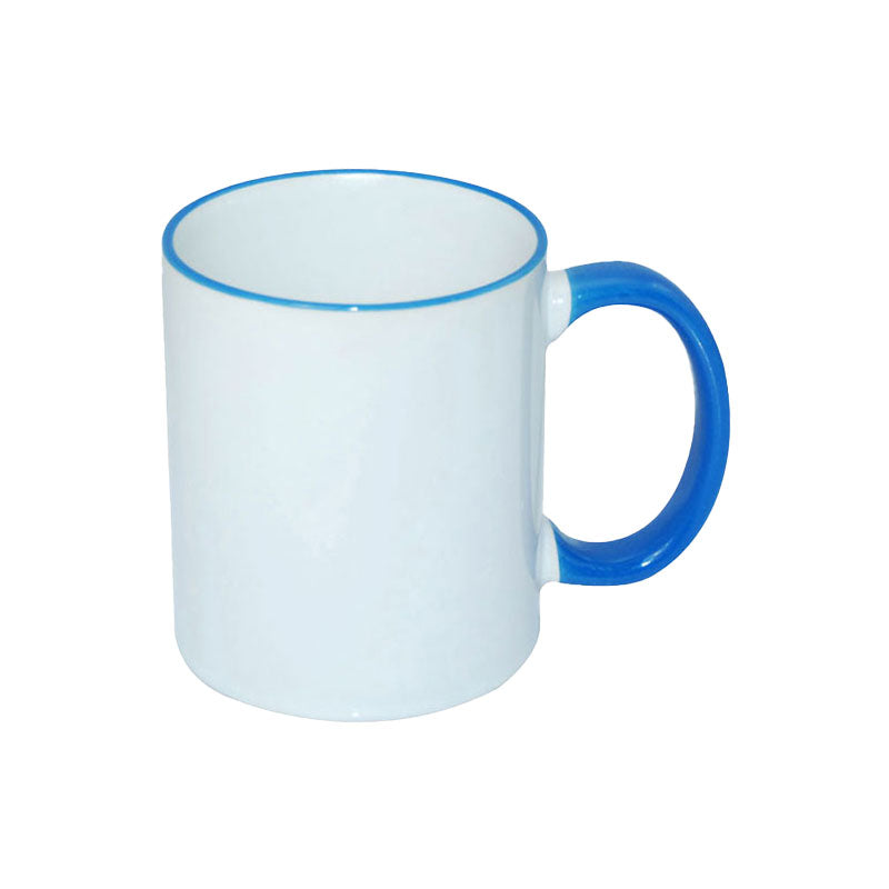 TAZAS BLANCAS CON ASA Y BORDES DE COLORES 11ONZ
