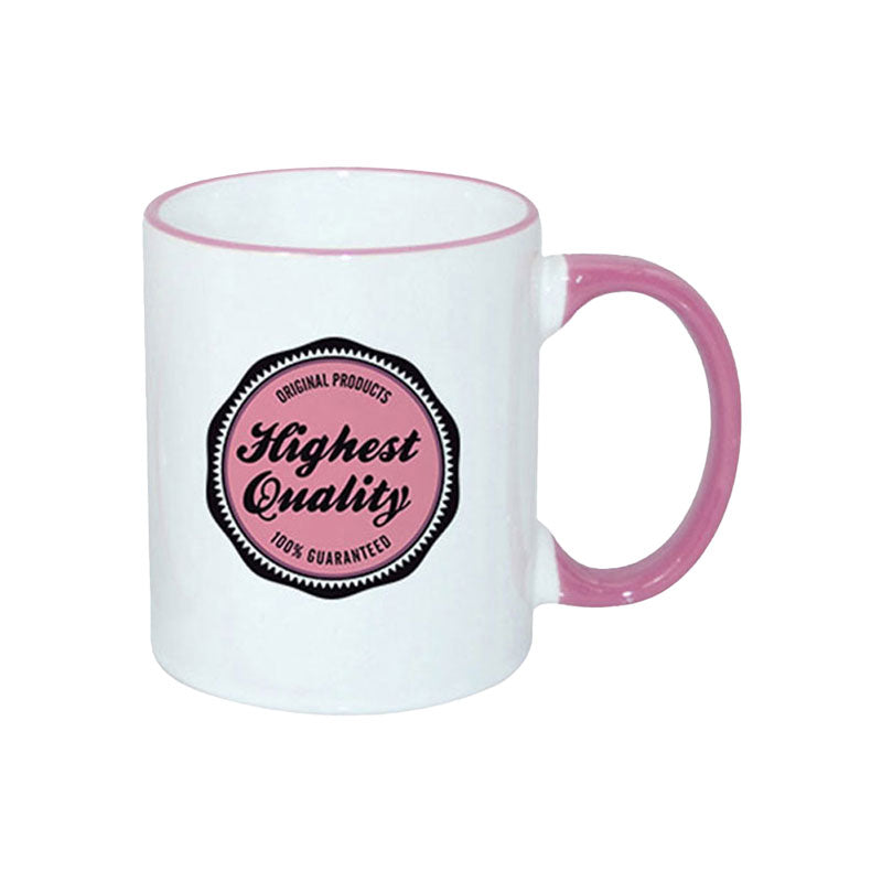 TAZAS BLANCAS CON ASA Y BORDES DE COLORES 11ONZ