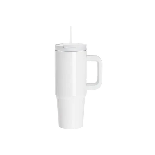 Vasos de Viajeros (Blanco con Asa) 30onz/900mL - Acero Inoxidable con Sorbete y Tapa (C-16)