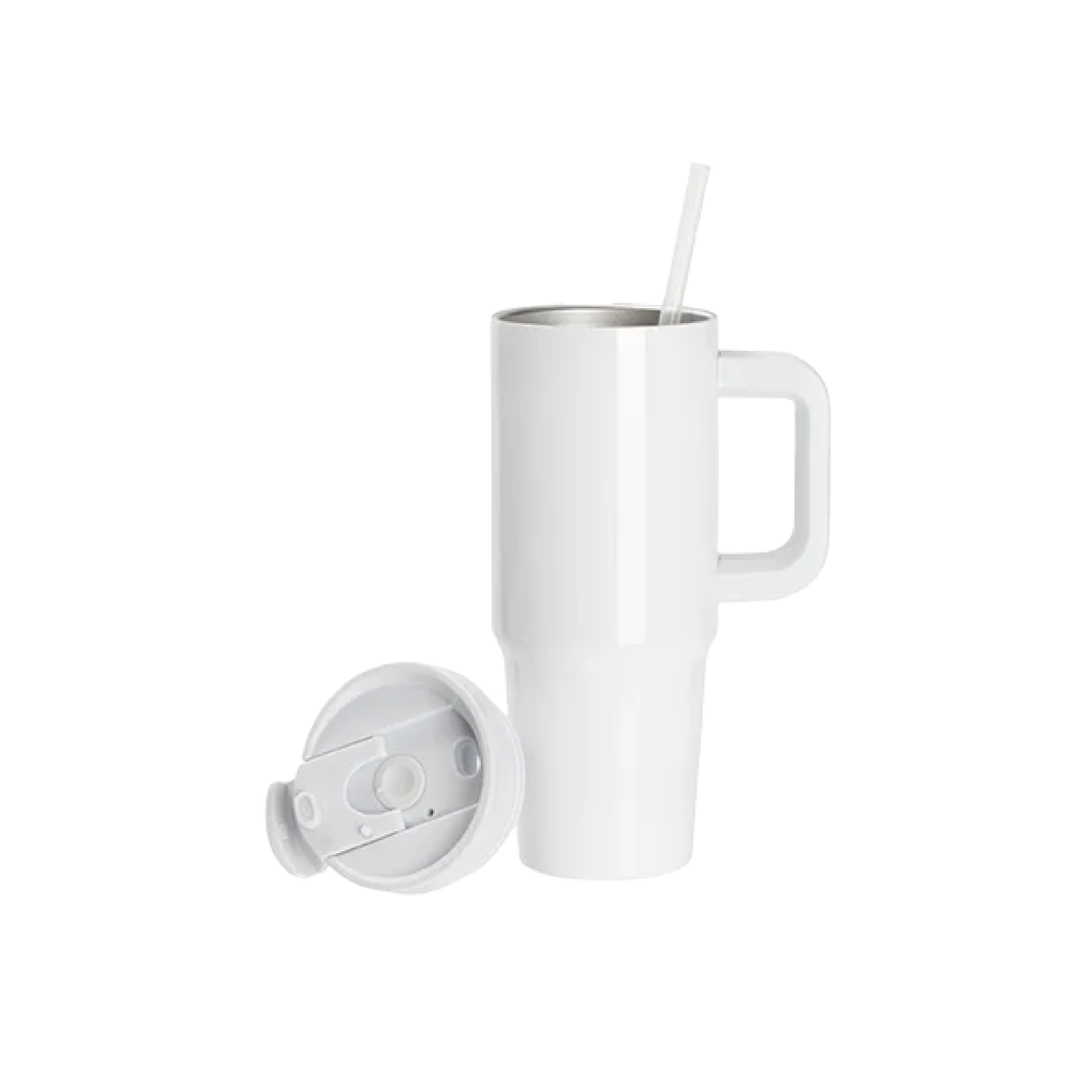 Vasos de Viajeros (Blanco con Asa) 30onz/900mL - Acero Inoxidable con Sorbete y Tapa (C-16)