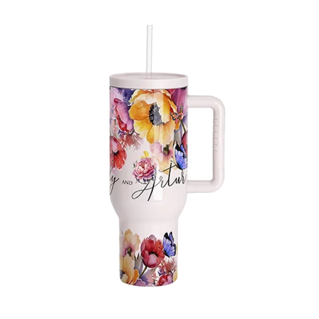 Vasos de Viajeros (Blanco con Asa) 30onz/900mL - Acero Inoxidable con Sorbete y Tapa (C-16)